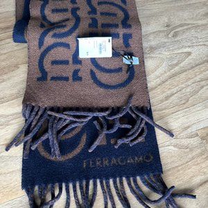 Ferragamo Reversible Wool Scarf, Brown + Navy